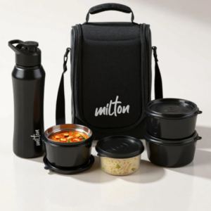 MILTON Food Fiesta 3 Microwave Safe Inner Steel & 1 Plastic Containers; Bottle With Bag 4 Containers Stainless Steel, Plastic Office Lunch Box (1990 ml, Microwave Safe)